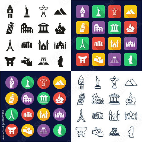 Landmarks Of The World All in One Icons Black & White Color Flat Design Freehand Set photo