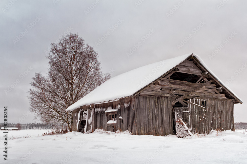 Abandoned Barn House Covered With Snow