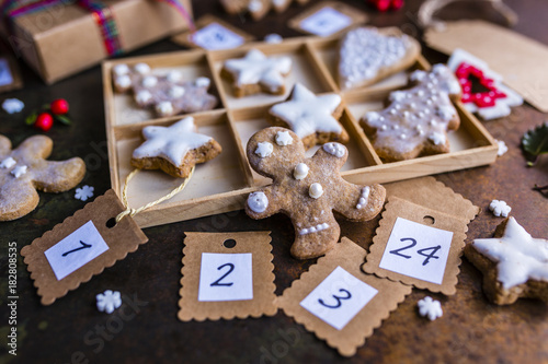 Homemade gingerbread cookies and the Christmas advent calendar. 