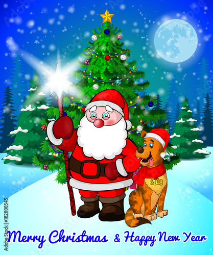 Merry Christmas greeting card with cute Santa and cristmas dog on forest and snowflakes background. © Максим Ковальчук