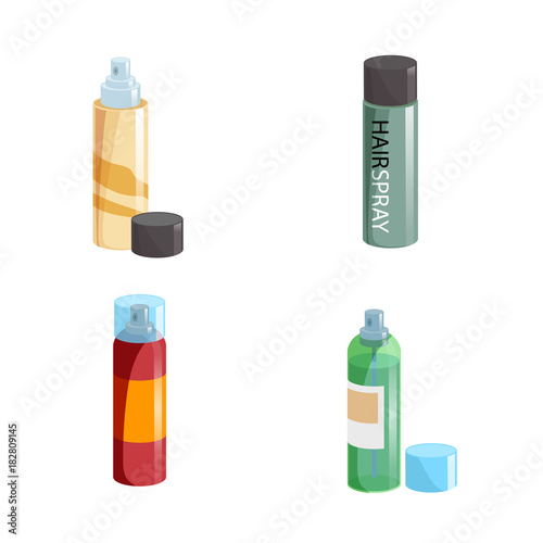 Simple gradient hair spray fixation icons set. Closed   with transparent cap and opened different colors bottles. Hair care and styling accessory vector illustration collection.