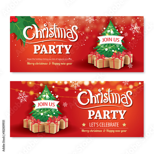 Invitation merry christmas party poster banner and card design template on red background. Happy holiday and new year with tree and gift box theme concept.