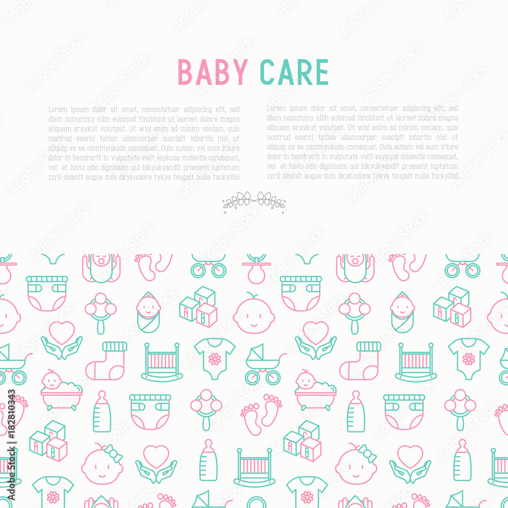 Baby care concept with thin line icons: newborn, diaper, pacifier, crib, footprints, bathtub with bubbles. Vector illustration for banner, web page, print media. Baby care concept with thin line icons: newborn, diaper, pacifier, crib, footprints, bathtub with bubbles. Vector illustration for banner, web page, print media.