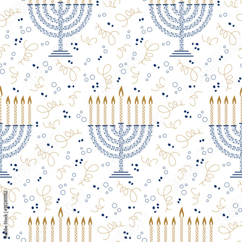 Hanukkah menorah seamless pattern. Blue and gold patterned menorah with small festive elements on white background. Simple creative vector design for holiday background, banner, wallpaper, giftwrap.