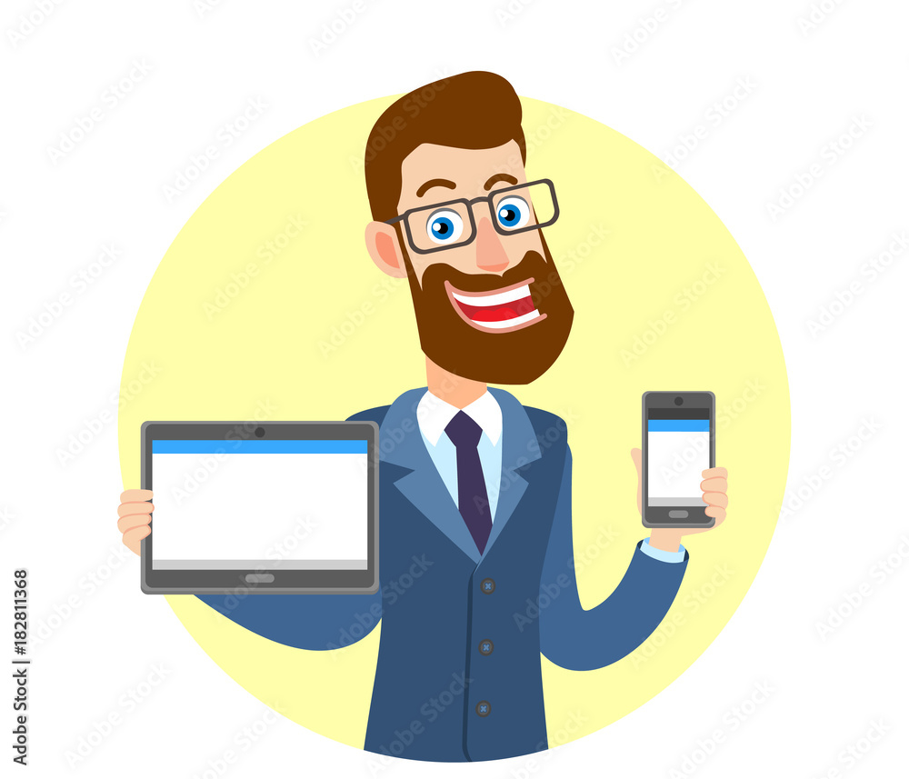 Hipster Businessman holding tablet PC and holding mobile phone