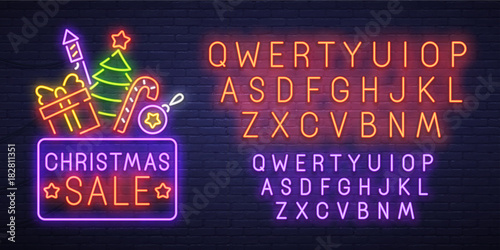 Christmas sale neon sign, bright signboard, light banner. New Year logo, emblem and label. Neon sign creator. Neon text edit