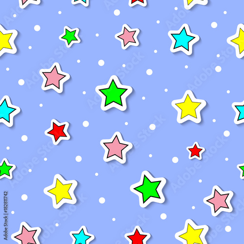 Cute sticker label style stars and snowfall in colorful, multicolor stars on sky blue color background, seamless pattern vector and illustration