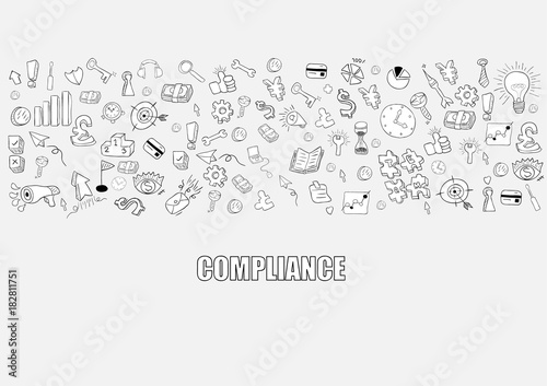 Business development doodles objects background, compliance,  drawing by hand vector