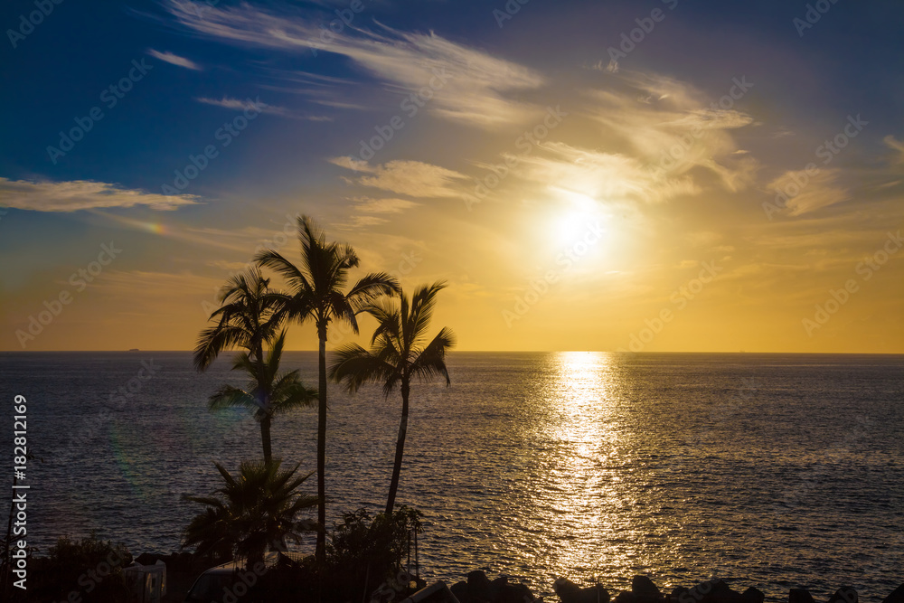 Amazing background on Adeje coast at sunset in summer holiday, in Tenerife, Canary island