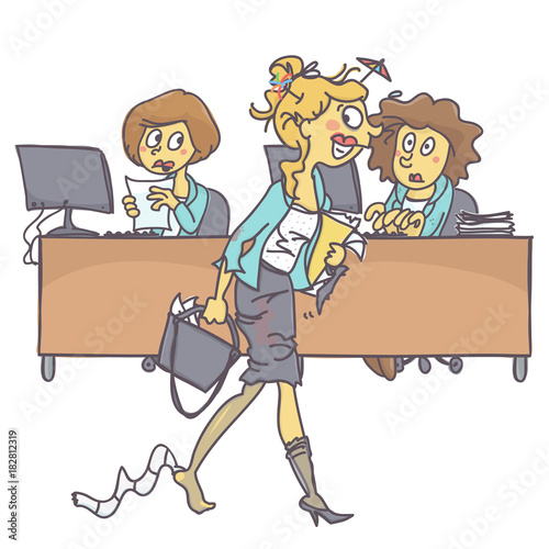 Messy and drunk woman coming to office while coworkers look at her astonished, colorful vector cartoon on white background
