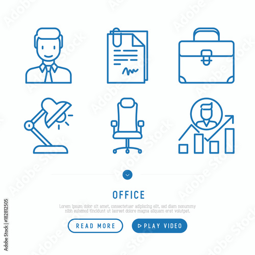 Office thin line icons set of manager, chair, career growth, documents, briefcase, lamp. Vector illustration.
