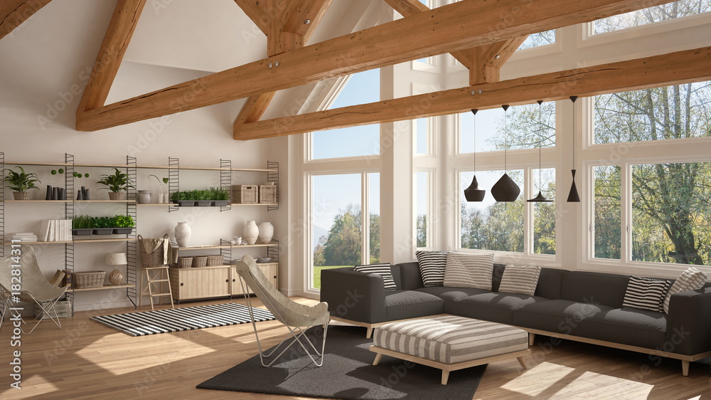 Living room of luxury eco house, parquet floor and wooden roof trusses ...