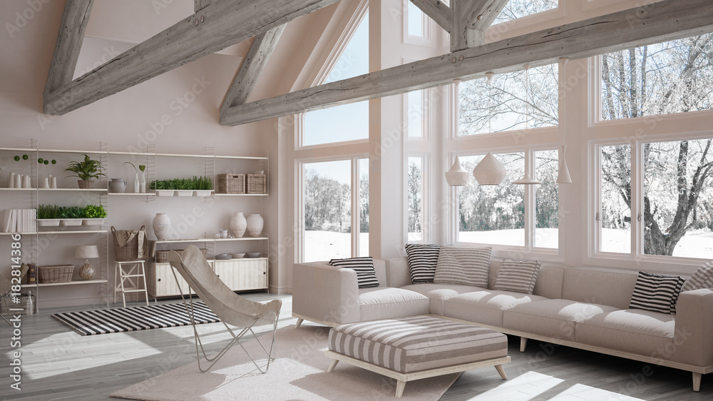 Living room of luxury eco house, parquet floor and wooden roof trusses, panoramic window on winter meadow, modern white interior design - obrazy, fototapety, plakaty 