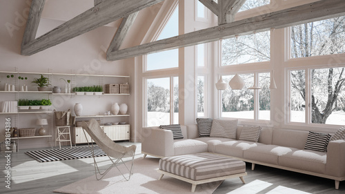 Living room of luxury eco house  parquet floor and wooden roof trusses  panoramic window on winter meadow  modern white interior design