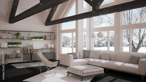 Living room of luxury eco house, parquet floor and wooden roof trusses, panoramic window on winter meadow, modern white and gray interior design © ArchiVIZ