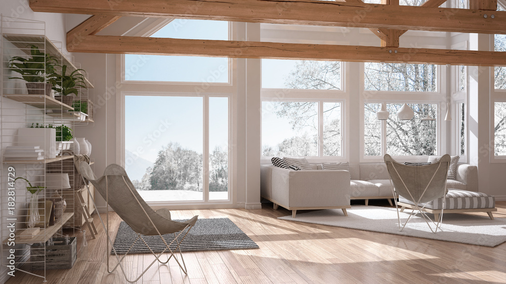 Living room of luxury eco house, parquet floor and wooden roof trusses, panoramic window on winter meadow, modern white interior design - obrazy, fototapety, plakaty 