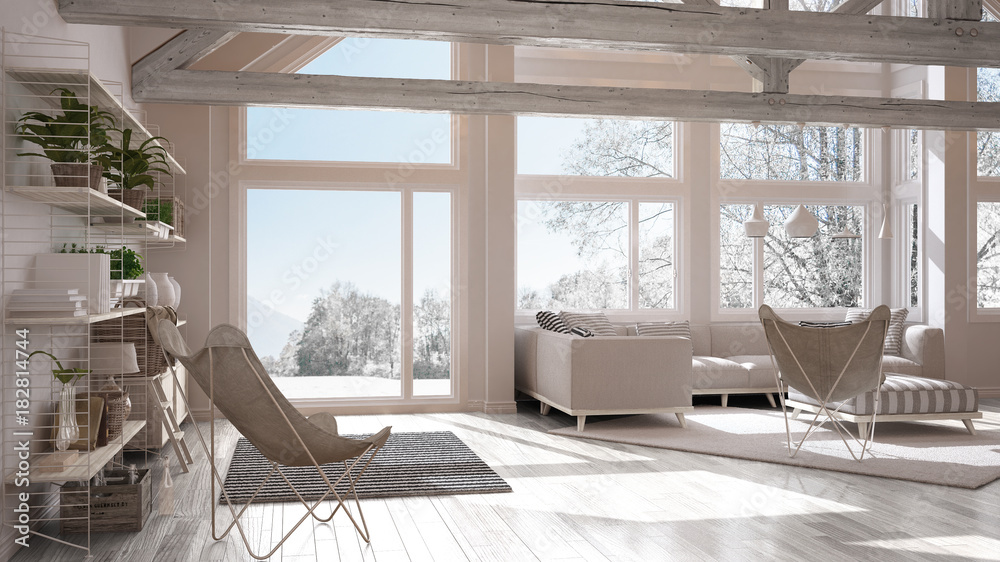 Fototapeta premium Living room of luxury eco house, parquet floor and wooden roof trusses, panoramic window on winter meadow, modern white interior design