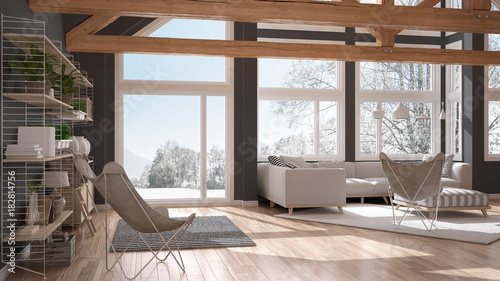 Living room of luxury eco house, parquet floor and wooden roof trusses, panoramic window on winter meadow, modern white and gray interior design