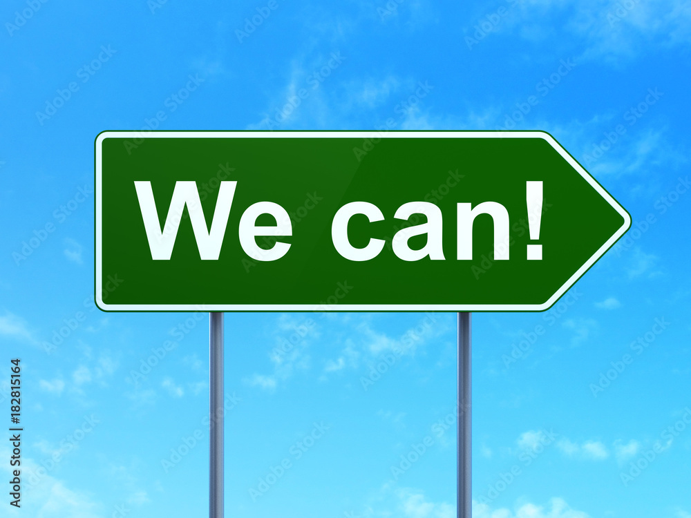 Finance concept: We Can! on green road highway sign, clear blue sky background, 3D rendering Finance concept: We Can! on green road highway sign, clear blue sky background, 3D rendering