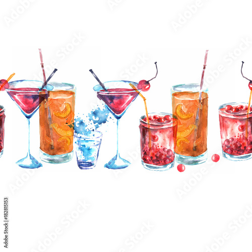 Seamless linear pattern with a pattern - Alcohol cocktail, whiskey, juice, mojito, water splash. Illustration on white background for your design.