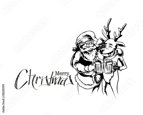 Drunk Santa Claus and reindeer with beer mug in hand, vector illustration.