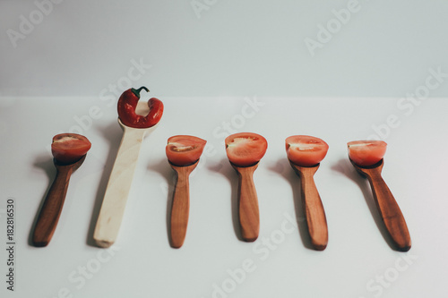 Kitchen utencils set for takeaway business: wooden recycling eco spoon, fork isolated on white side view. Eco style, wood, wooden cutlery