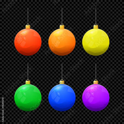 Christmas Vector Ball Set Isolated on Dark Background. Xmas Ball Toy Icons in Different Colors. Christmas Collection for Design. Cartoon Vector Illustration.
