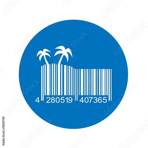 Icono plano codigo de barras palmeras en isla en circulo azul
