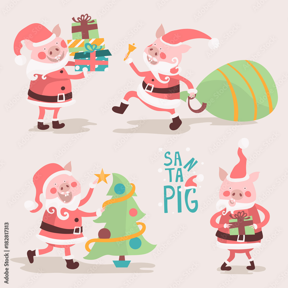 Obraz premium Cartoon pig Santa Claus. Funny Christmas piglets set. Piggy with gifts bag, swine with Christmas tree and stack of gifts. Cute, adorable, graphic kids print, poster, background