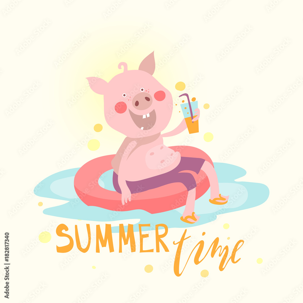 Cartoon pig, piggy, piglet in the float pool with glass of juice. Funny summer season activity fun graphic illustration. Summer time typography, lettering. Cute adorable swine. Kids print, poster Cartoon pig, piggy, piglet in the float pool with glass of juice. Funny summer season activity fun graphic illustration. Summer time typography, lettering. Cute adorable swine. Kids print, poster