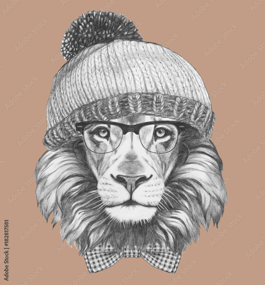 Fototapeta premium Portrait of Hipster Lion with glasses, bow tie and hat. Hand-drawn illustration.