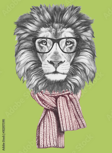 Portrait of Lion with glasses and scarf. Hand-drawn illustration.