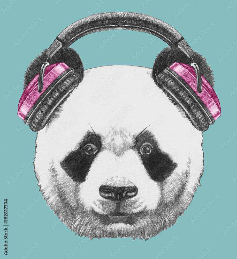 Fototapeta premium Portret Pandy ze słuchawkami. Ręcznie rysowane ilustracji.