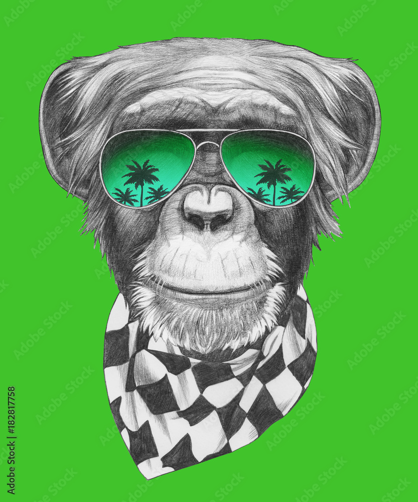 Fototapeta premium Portrait of Monkey with glasses and scarf. Hand-drawn illustration.