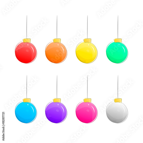 Set of Christmas Vector Balls Isolated on White Background. Cartoon Hand Drawn Xmas Ball Toy Icons in Different Colors. Christmas Collection for Design. Flat Vector Illustration.