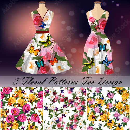 Dress with an trendy rose and butterflies design