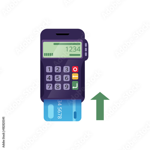 Icon of electronic terminal and credit card. Cashless payment method. Money transfer. Modern flat vector isolated on white. Infographic design element