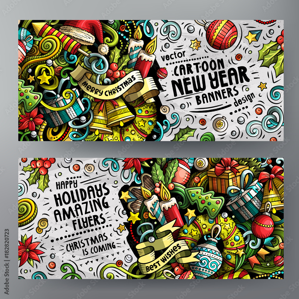 Obraz premium Cartoon cute colorful vector doodles New Year horizontal banners