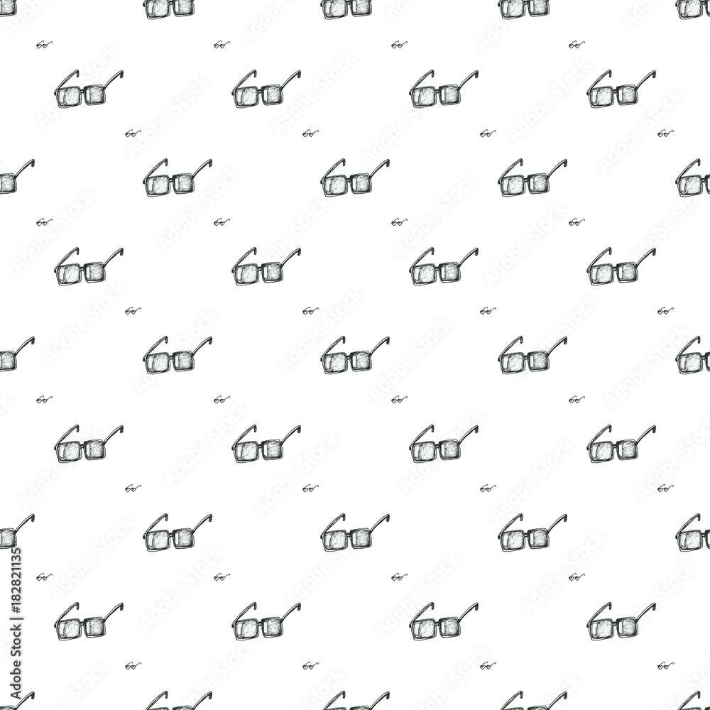 Different sunglasses types seamless pattern, hand drawn doodle style vector. Black and white sketch illustration.