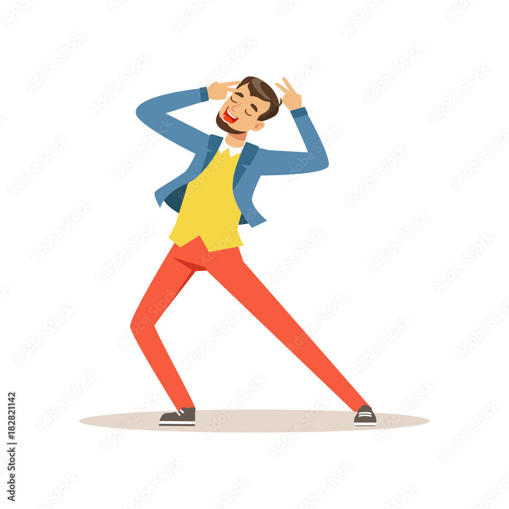Dancing and singing man having fun during celebration party. Young guy  enjoy holiday. Cartoon character in bright stylish clothing. Isolated flat  vector Stock Vector | Adobe Stock