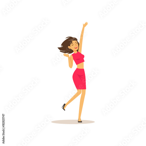 Beautiful brunette girl in dancing move. Cheerful female character having fun at party. Woman dancer dressed in pink skirt and shirt. Isolated flat vector