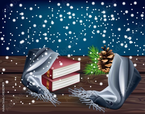 Winter background with reading books Vector realistic illustrations