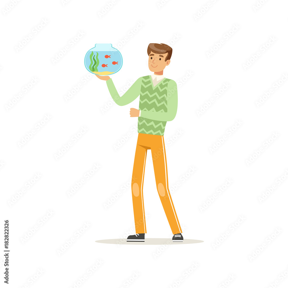 Young man holding glass bowl aquarium with fishes. Domestic animal. Cartoon male character in green sweater and orange pants. Flat vector design
