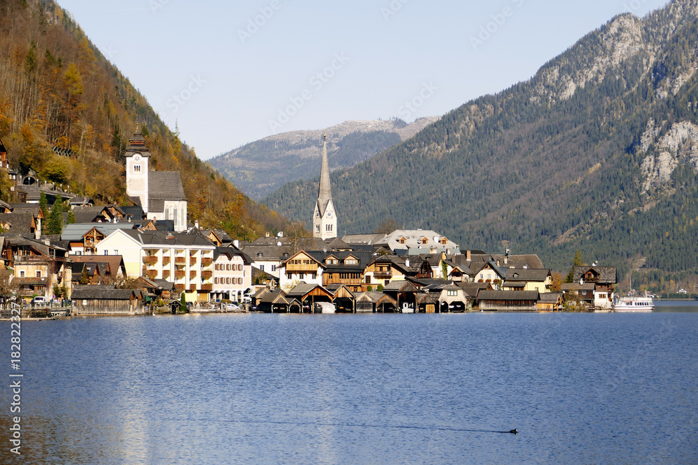 Alpine village of Hallstatt by the lake Hallstatt in Salzkammergut, Austria