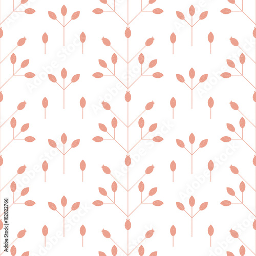 Modern vector floral seamless geometric pattern with stylized rose hips berries and leaves in retro style. Simple outlines with worn out texture.