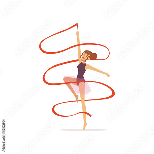 Professional gymnast girl dance with red ribbon. Professional rhythmic gymnastics sport. Beautiful woman character in purple leotard with skirt. Isolated flat vector