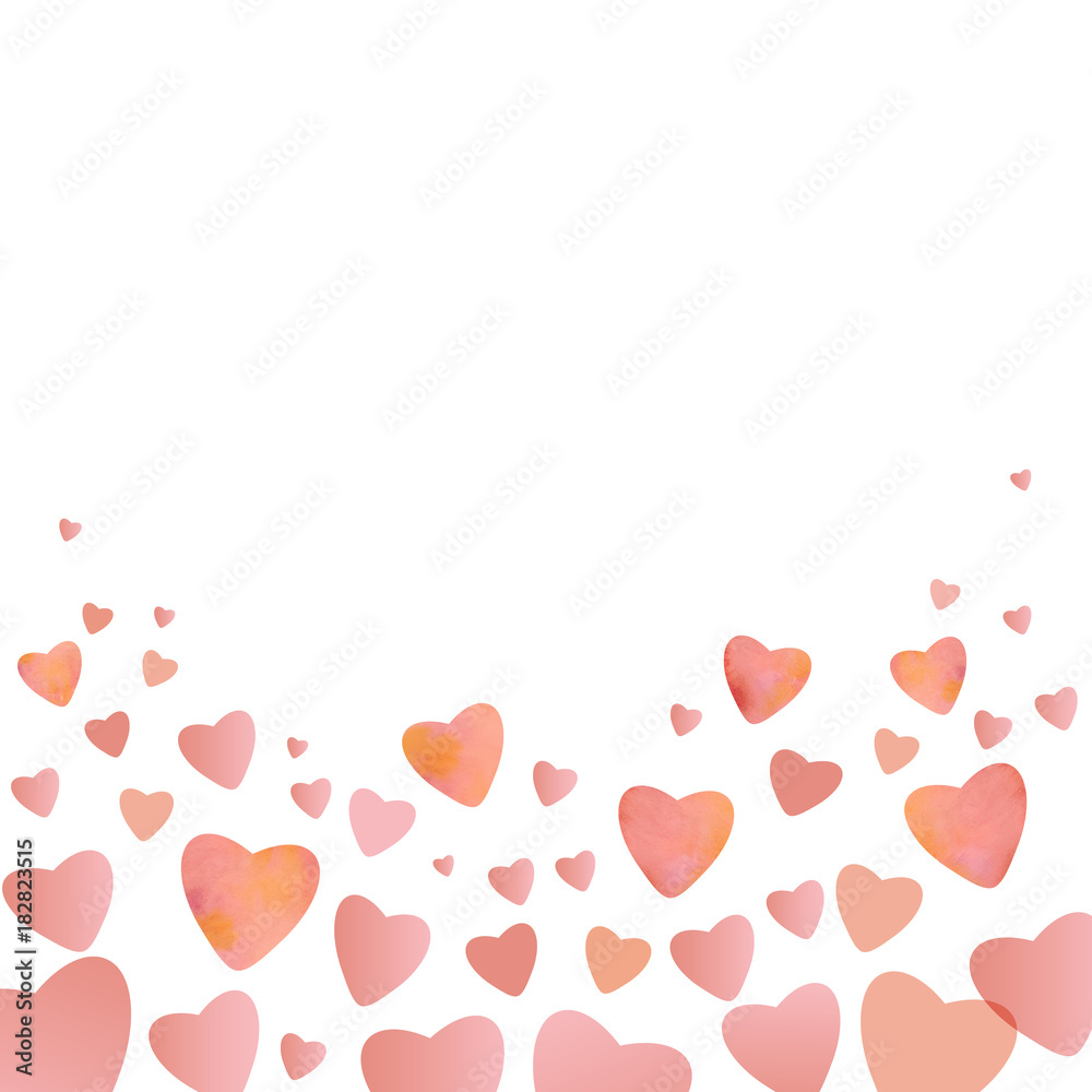 Vector hearts background. Heat shapes with  watercolor texture in pink , red and orange colors. Festive  backdrop for party invitations, birthday or greeting cards or valentine's day designs.