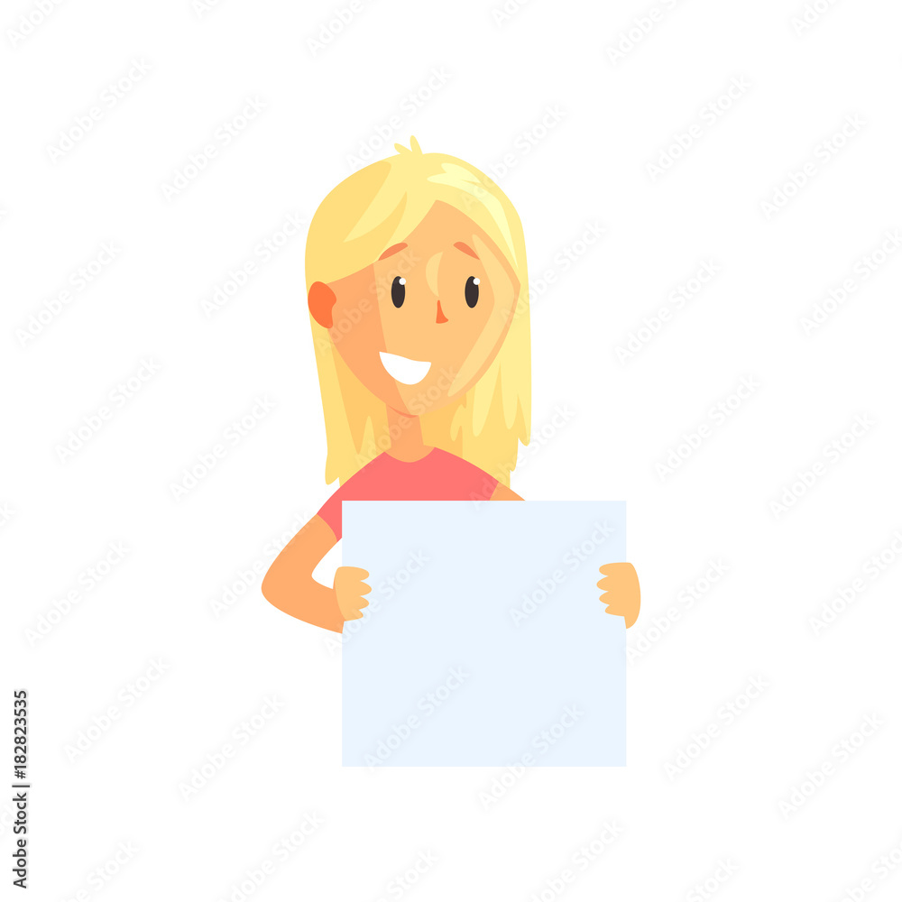 Flat vector illustration of young female with blank placard in hands. Cartoon blond girl character with broad smile. Piece of paper with place for your message. Flat vector illustration of young female with blank placard in hands. Cartoon blond girl character with broad smile. Piece of paper with place for your message.