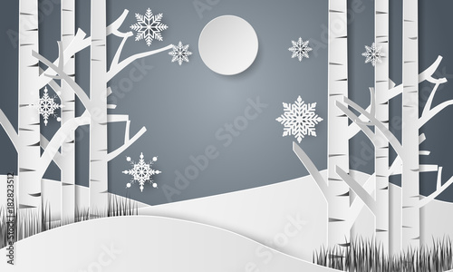 snowflakes for christmas day and forest in the winter .paper art style, Vector illustration