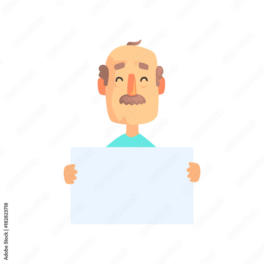 Funny grandfather character holding empty white sign in hands. Cartoon bald man with mustache and cheerful face expression. Isolated flat vector
